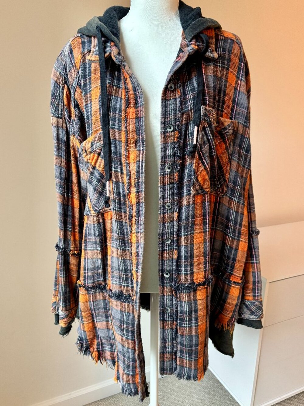 Free People We The Free Oversized Calico Basin Plaid Hooded Shirt Jacket Medium
